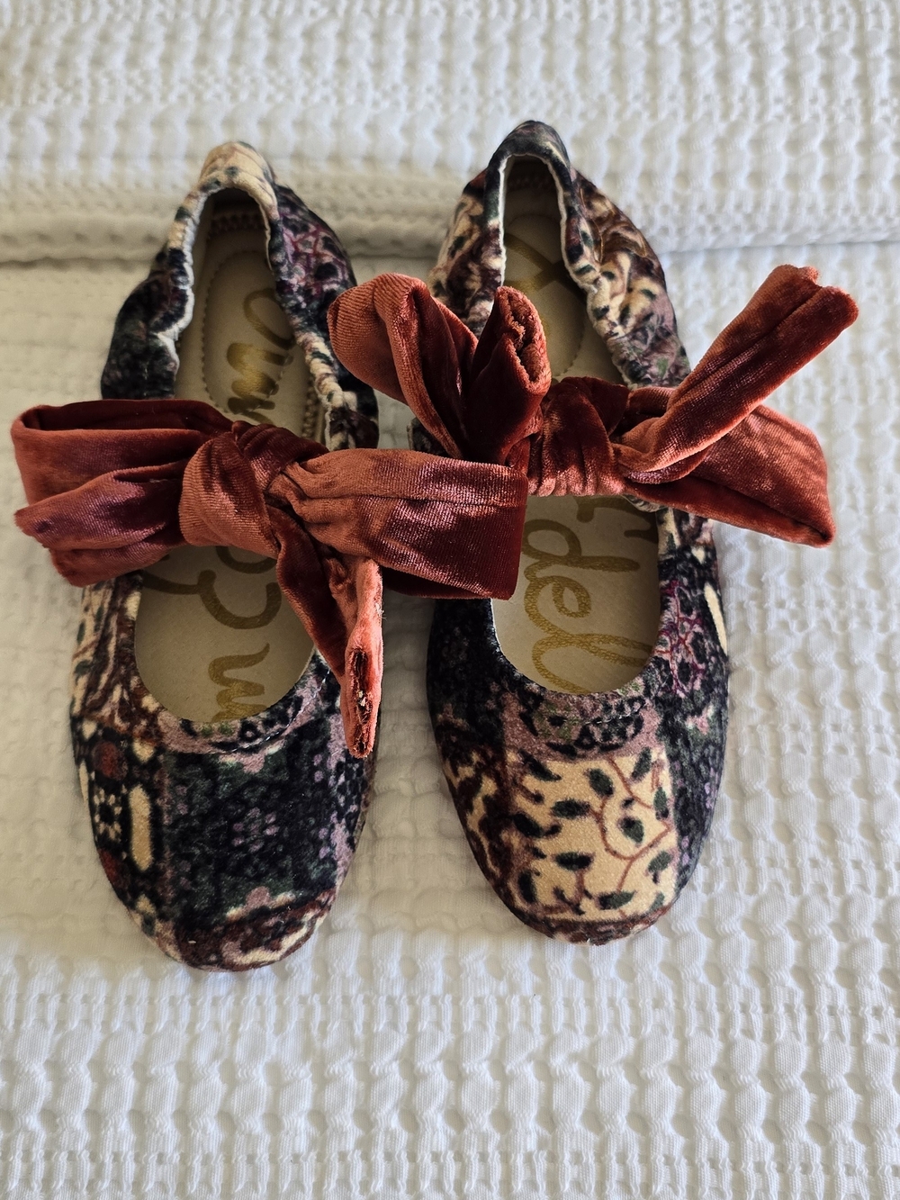 Sam Edelman Girls Velvet Floral Ballet Flats with Rust Bow Accent